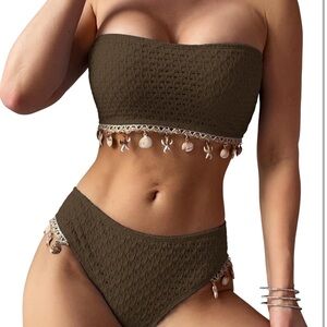 NWOT Zaful Dark Brown Strapless Bikini with Shell Accents